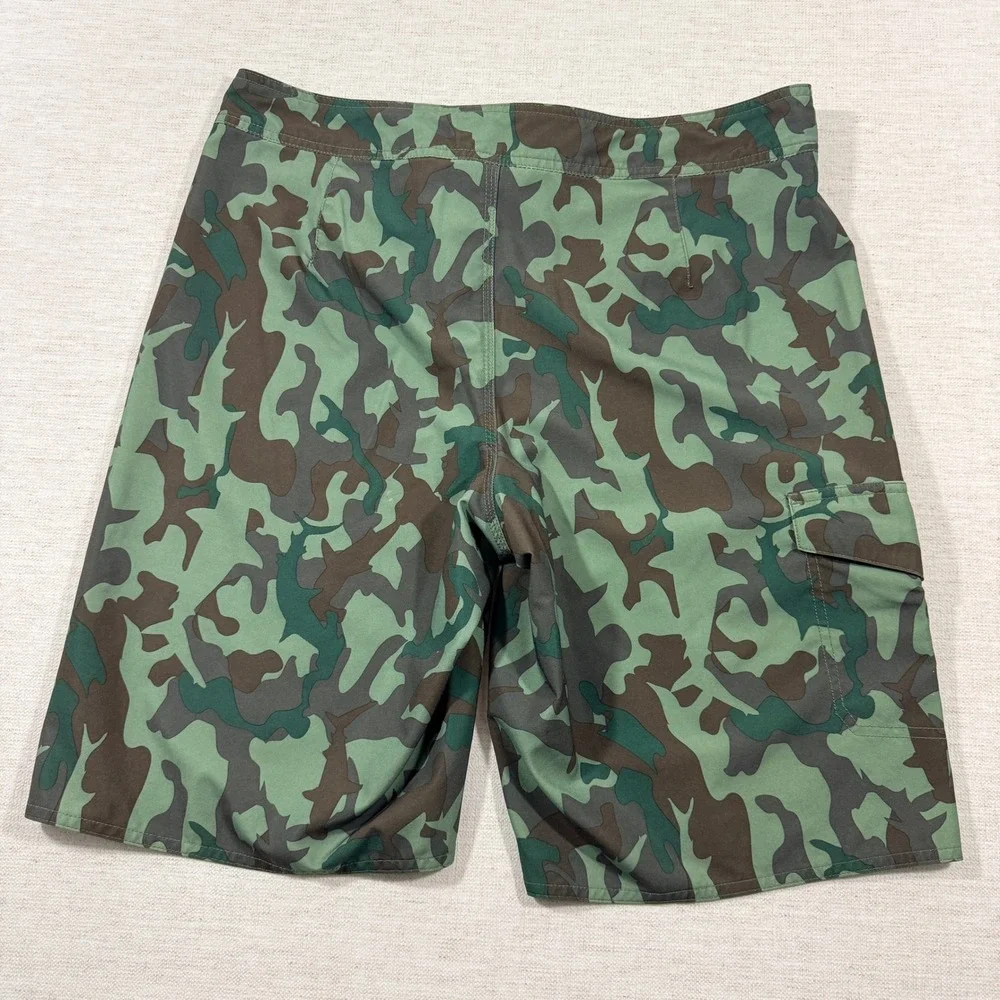 Hang Ten Board Shorts Mens 34 Green Camo Excellent Stretch Swim Trunks Cargo